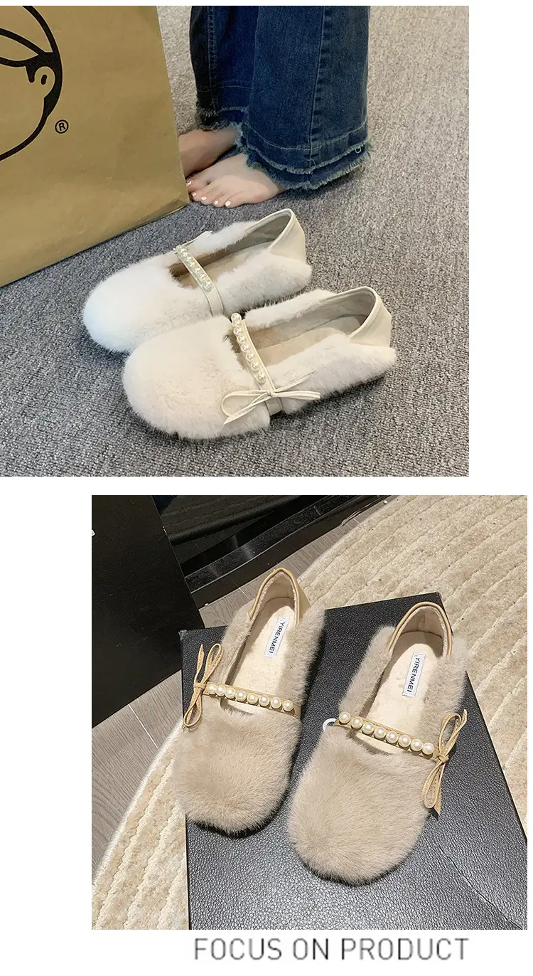 Women's Furry Shoes 2025 Autumn and Winter New Style Pearl Bow Round Toe Slip-On Outer Slippers Two-Wear Lazy Shoes — feature 15