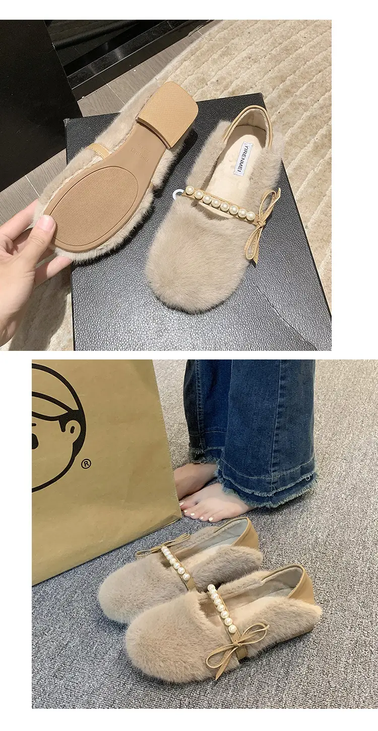 Women's Furry Shoes 2025 Autumn and Winter New Style Pearl Bow Round Toe Slip-On Outer Slippers Two-Wear Lazy Shoes — feature 16