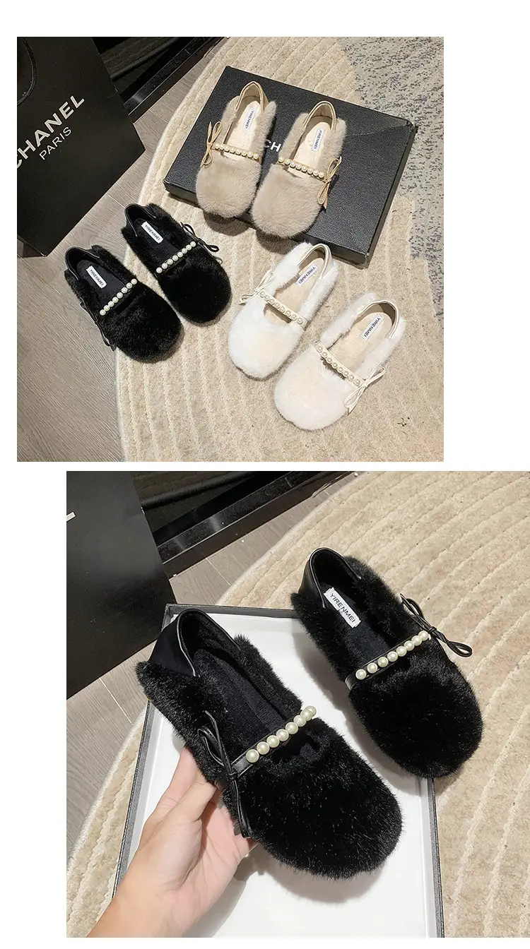 Women's Furry Shoes 2025 Autumn and Winter New Style Pearl Bow Round Toe Slip-On Outer Slippers Two-Wear Lazy Shoes — feature 17