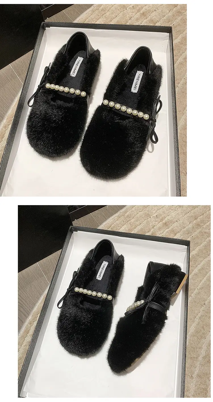 Women's Furry Shoes 2025 Autumn and Winter New Style Pearl Bow Round Toe Slip-On Outer Slippers Two-Wear Lazy Shoes — feature 18
