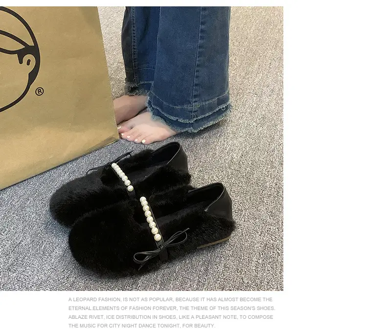 Women's Furry Shoes 2025 Autumn and Winter New Style Pearl Bow Round Toe Slip-On Outer Slippers Two-Wear Lazy Shoes — feature 19