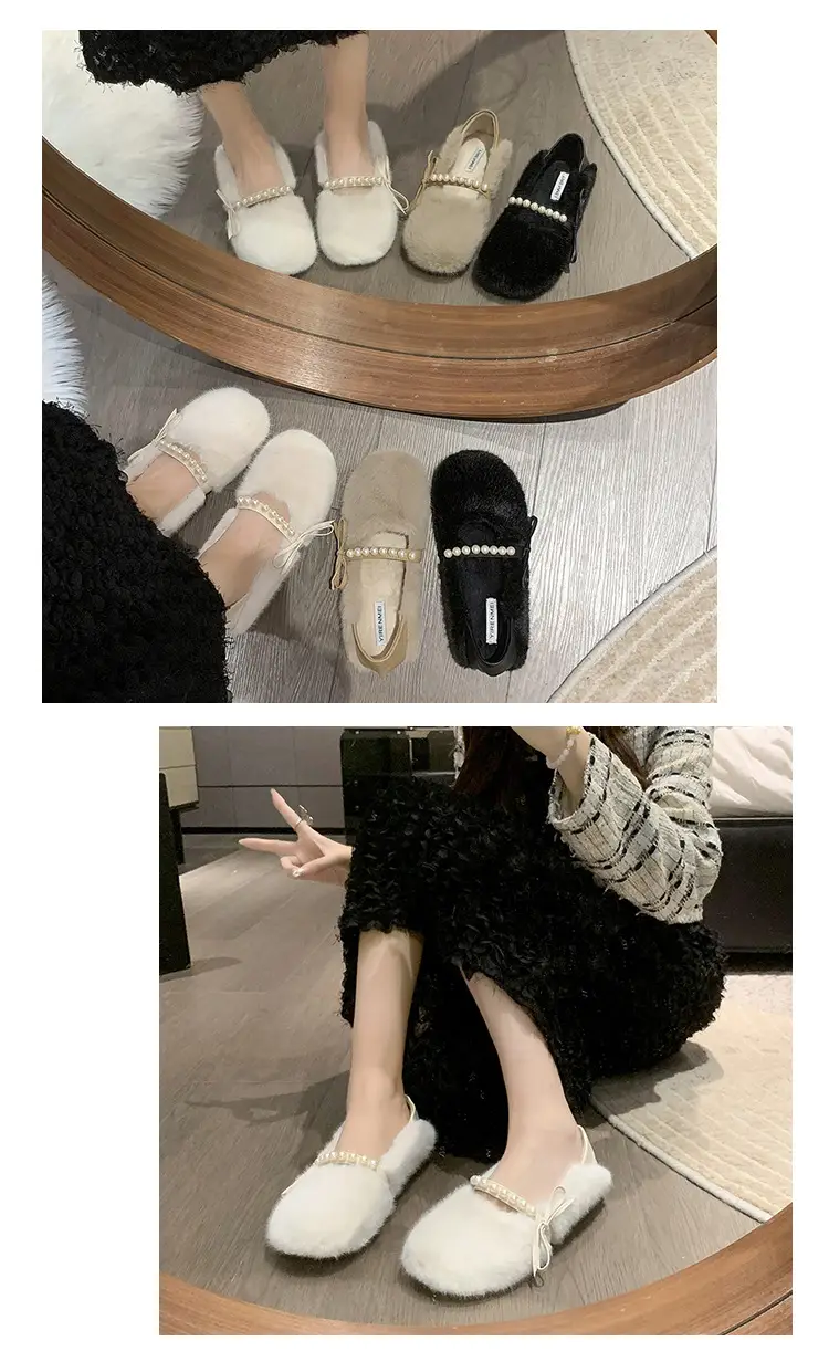 Women's Furry Shoes 2025 Autumn and Winter New Style Pearl Bow Round Toe Slip-On Outer Slippers Two-Wear Lazy Shoes — feature 4
