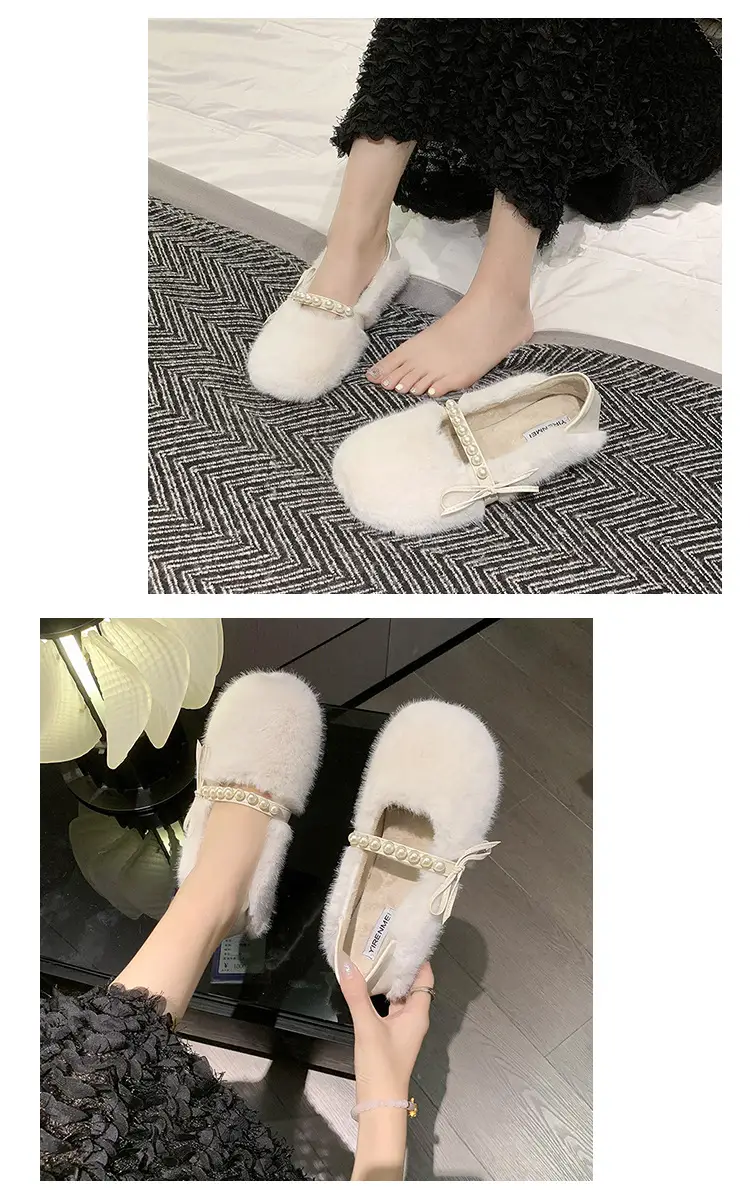 Women's Furry Shoes 2025 Autumn and Winter New Style Pearl Bow Round Toe Slip-On Outer Slippers Two-Wear Lazy Shoes — feature 6