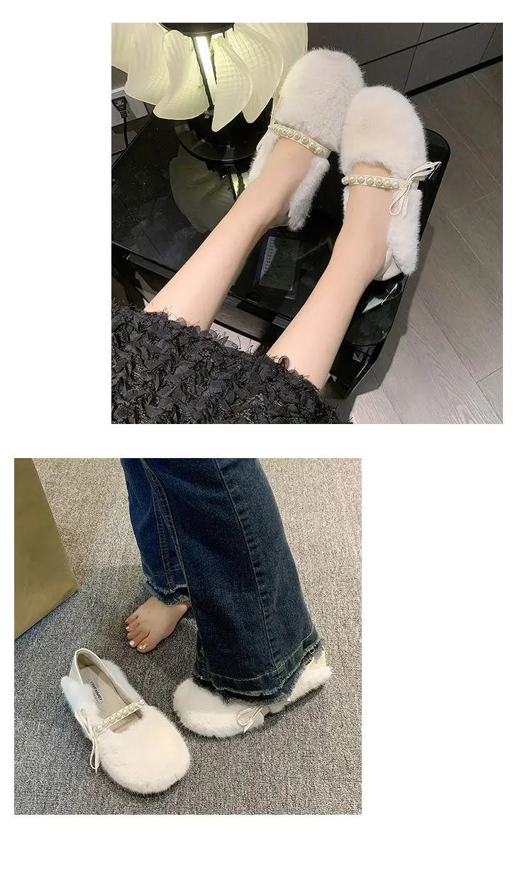 Women's Furry Shoes 2025 Autumn and Winter New Style Pearl Bow Round Toe Slip-On Outer Slippers Two-Wear Lazy Shoes — feature 7