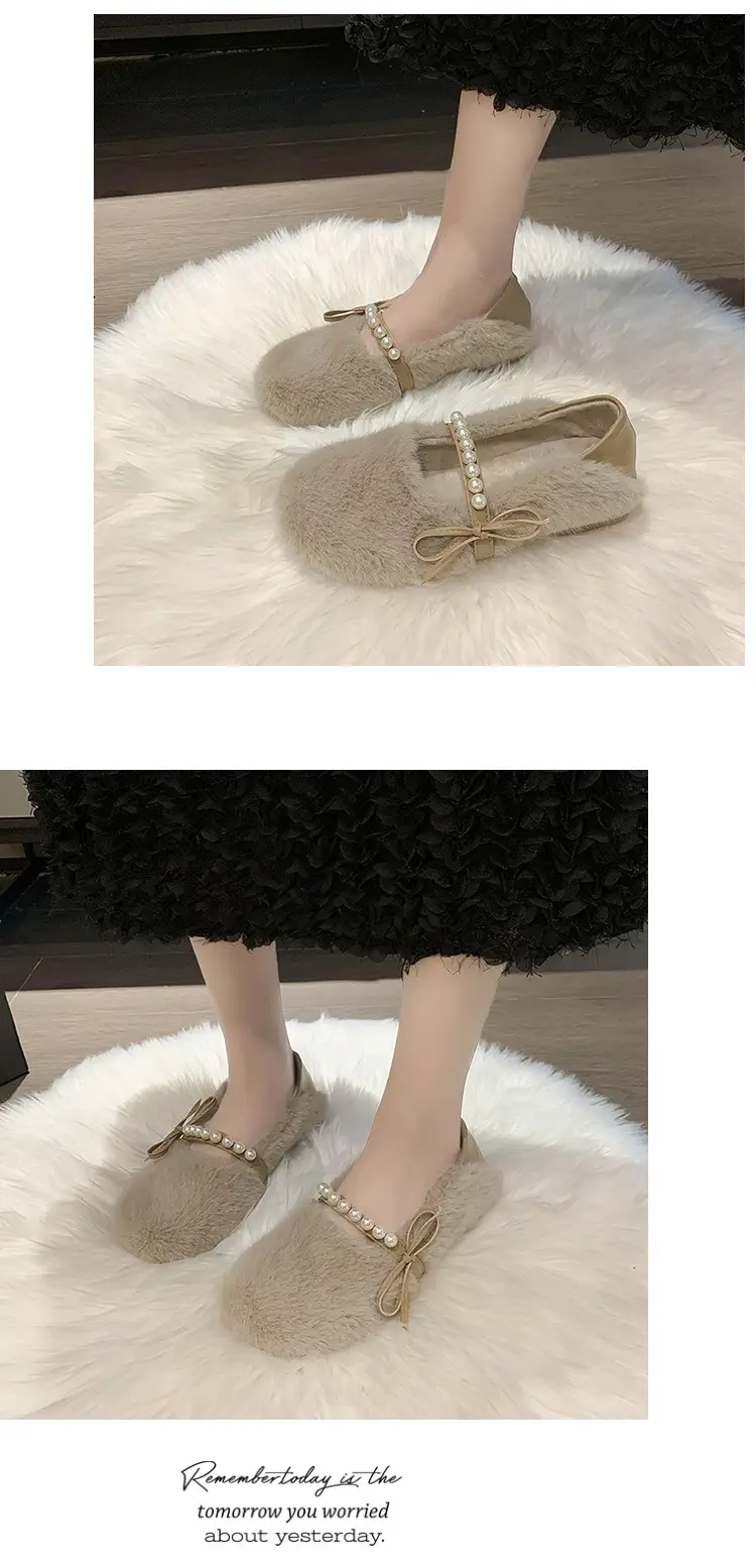 Women's Furry Shoes 2025 Autumn and Winter New Style Pearl Bow Round Toe Slip-On Outer Slippers Two-Wear Lazy Shoes — feature 8