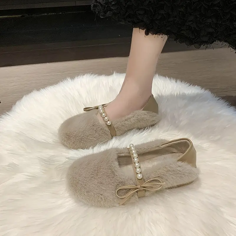 Women's Furry Shoes 2025 Autumn and Winter New Style Pearl Bow Round Toe Slip-On Outer Slippers Two-Wear Lazy Shoes - Image 2
