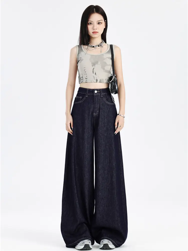 Women Dark Blue Wide Leg Jeans Summer High Waist Loose Fit