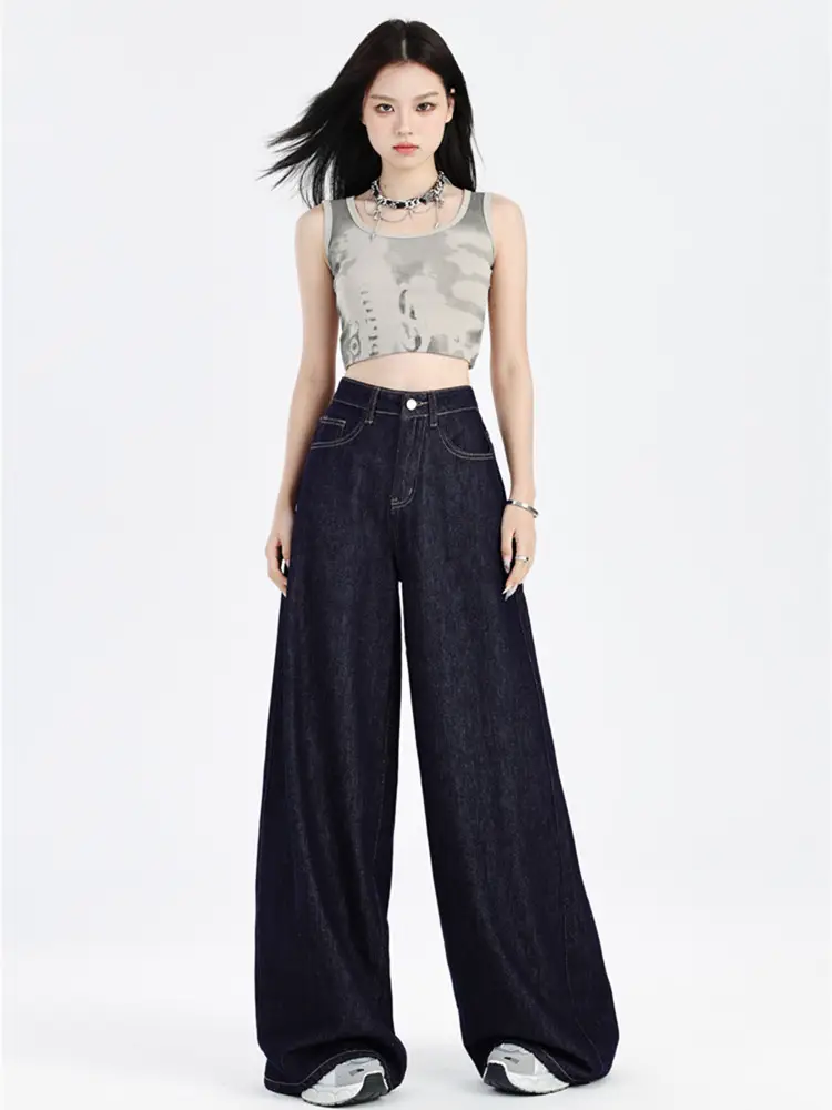 Women Dark Blue Wide Leg Jeans Summer High Waist Loose Fit