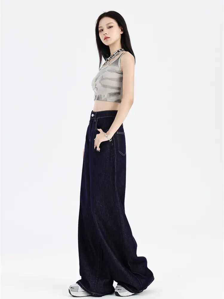Women Dark Blue Wide Leg Jeans Summer High Waist Loose Fit