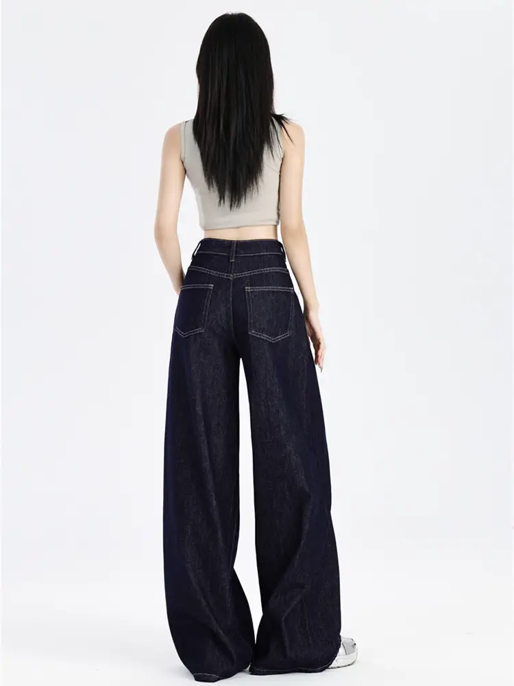 Women Dark Blue Wide Leg Jeans Summer High Waist Loose Fit