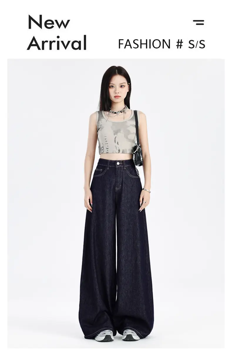 Women Dark Blue Wide Leg Jeans Summer High Waist Loose Fit — feature 1