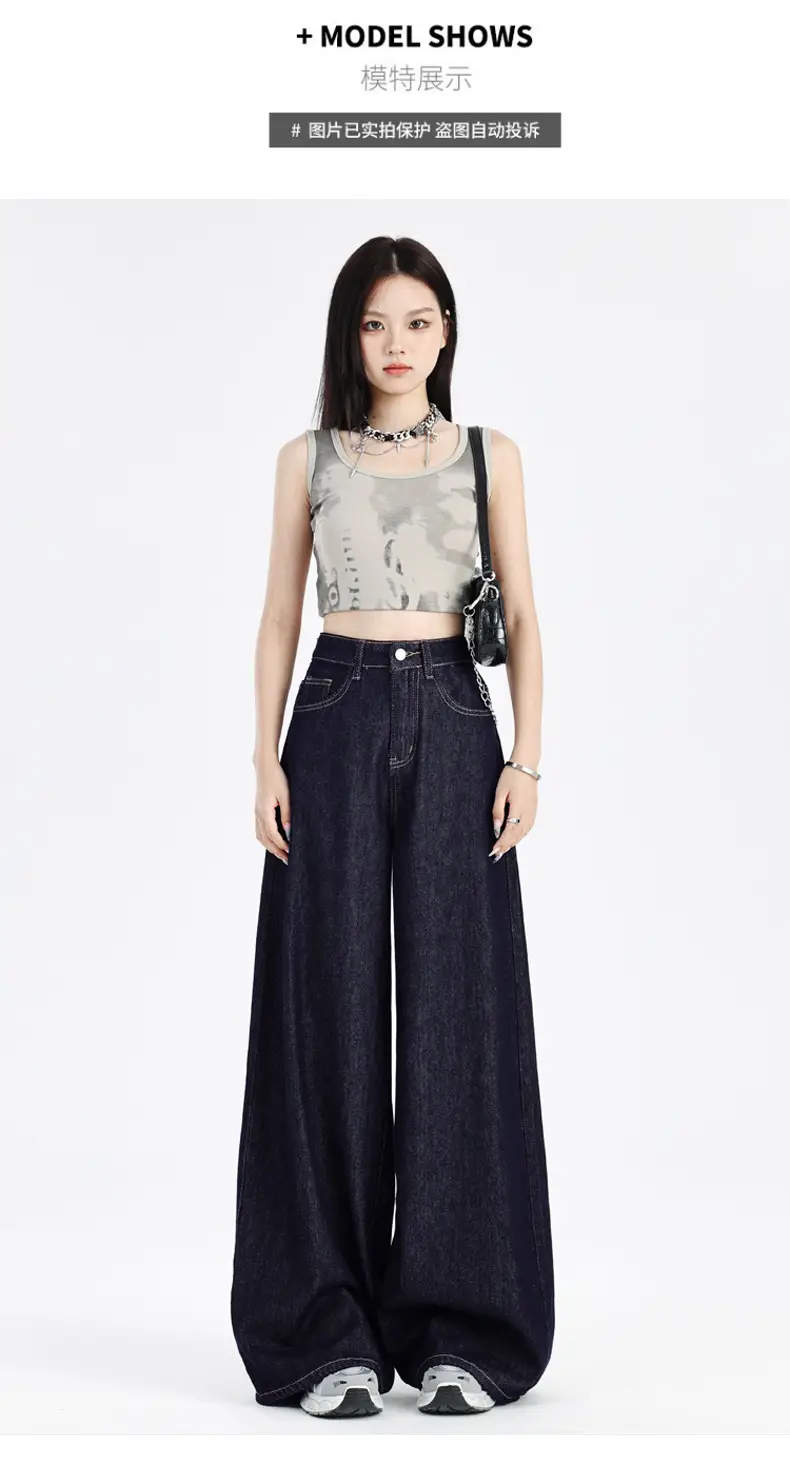 Women Dark Blue Wide Leg Jeans Summer High Waist Loose Fit — feature 12