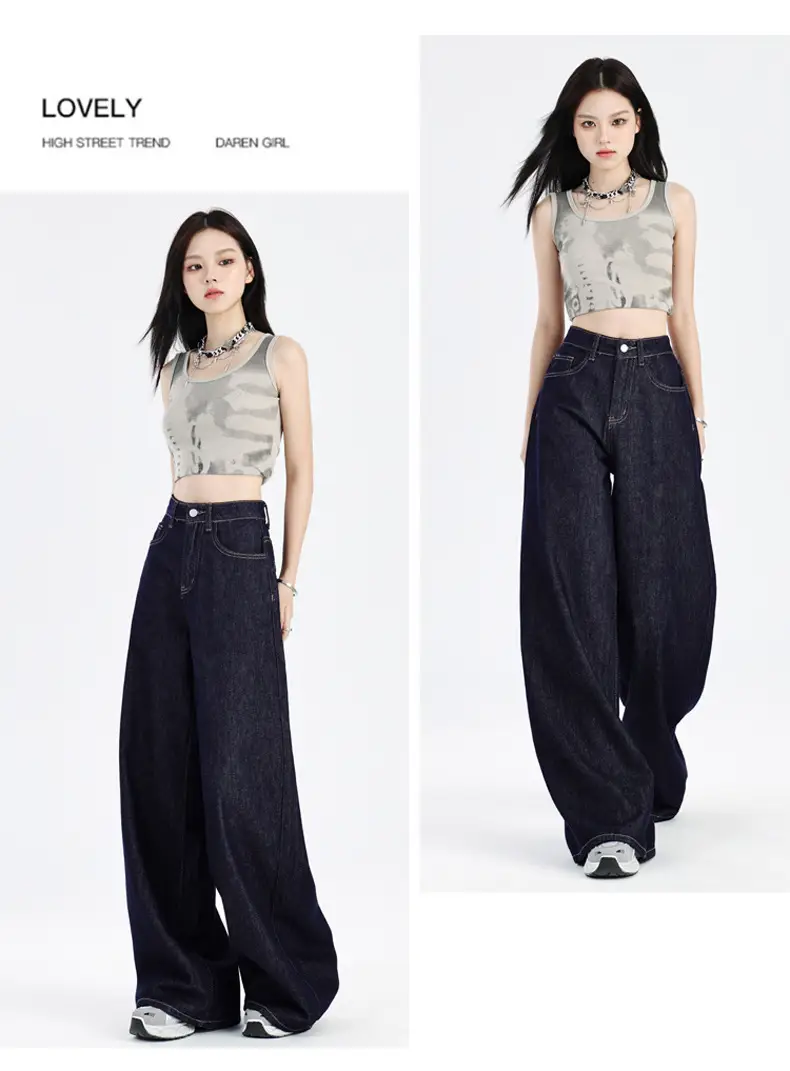 Women Dark Blue Wide Leg Jeans Summer High Waist Loose Fit — feature 13