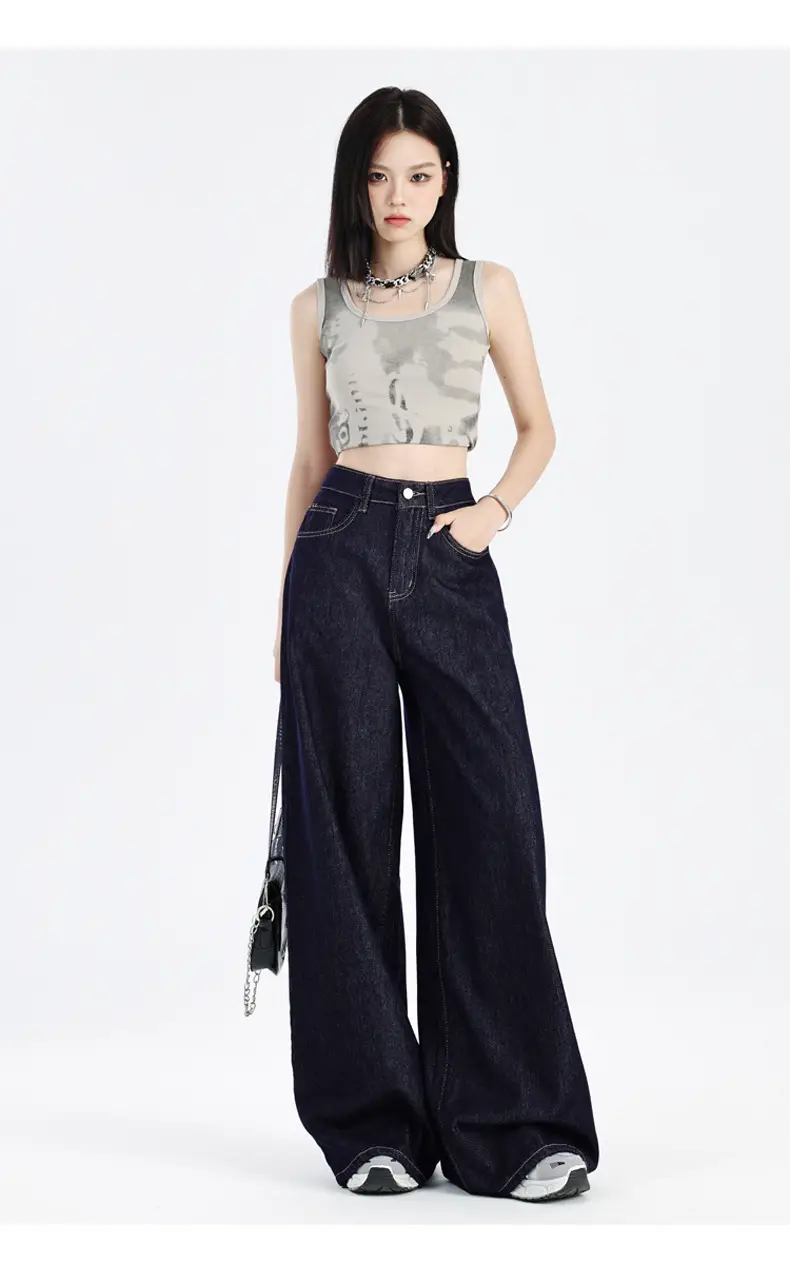 Women Dark Blue Wide Leg Jeans Summer High Waist Loose Fit — feature 14