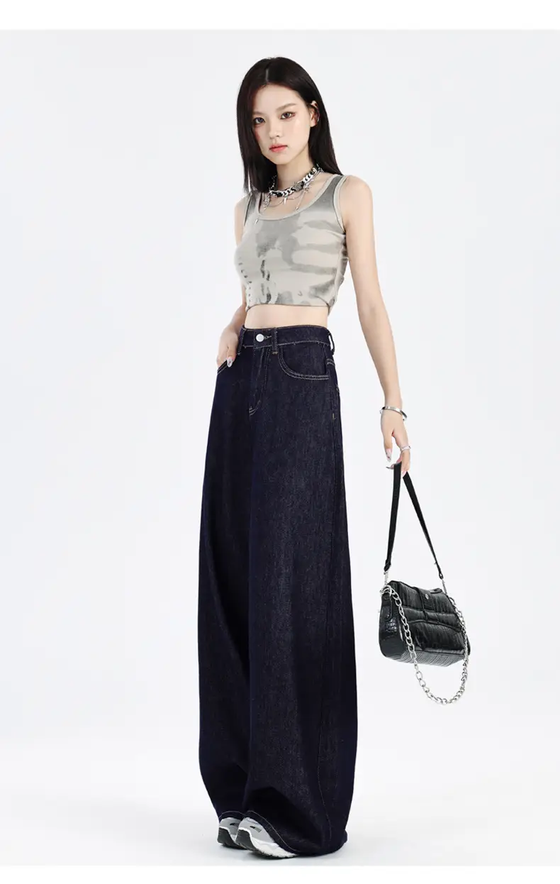Women Dark Blue Wide Leg Jeans Summer High Waist Loose Fit — feature 15