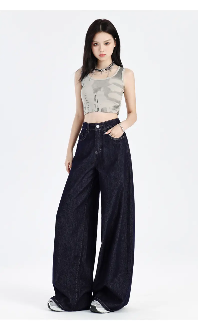 Women Dark Blue Wide Leg Jeans Summer High Waist Loose Fit — feature 17