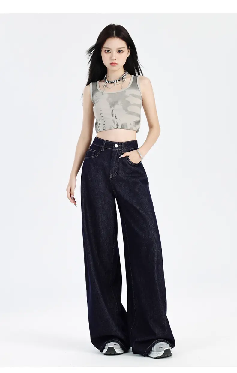 Women Dark Blue Wide Leg Jeans Summer High Waist Loose Fit — feature 23