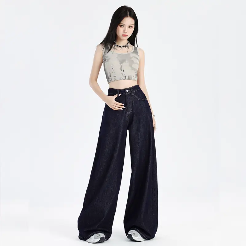 Women Dark Blue Wide Leg Jeans Summer High Waist Loose Fit