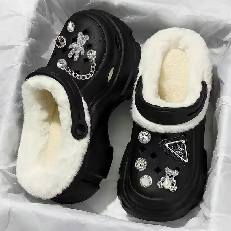 Add velvet cotton hole shoes women's autumn and winter inner container 2024 new outdoor wear height-increasing thick-soled Mao Mao cotton slippers winter