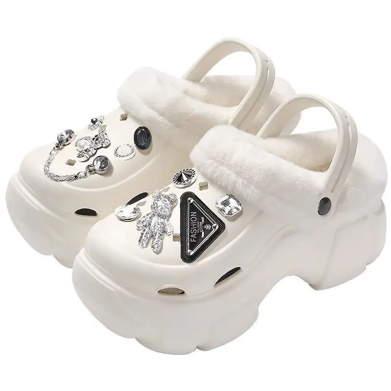 Add velvet cotton hole shoes women's autumn and winter inner container 2024 new outdoor wear height-increasing thick-soled Mao Mao cotton slippers winter