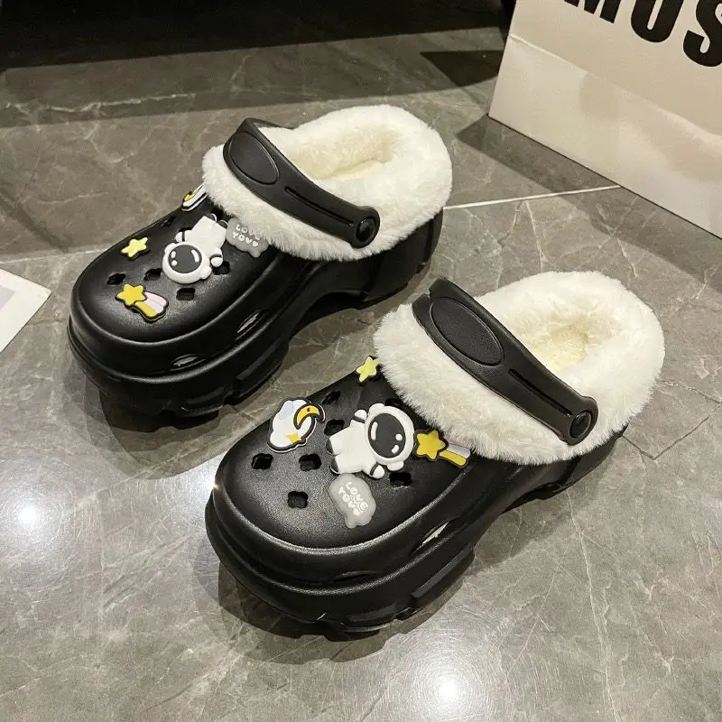 Add velvet cotton hole shoes women's autumn and winter inner container 2024 new outdoor wear height-increasing thick-soled Mao Mao cotton slippers winter