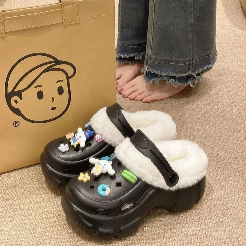Add velvet cotton hole shoes women's autumn and winter inner container 2024 new outdoor wear height-increasing thick-soled Mao Mao cotton slippers winter