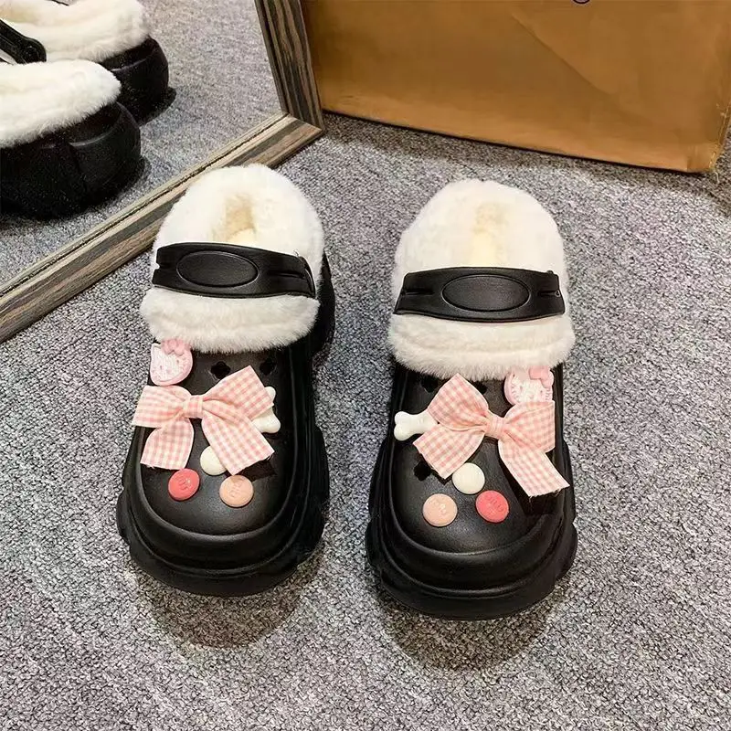 Add velvet cotton hole shoes women's autumn and winter inner container 2024 new outdoor wear height-increasing thick-soled Mao Mao cotton slippers winter