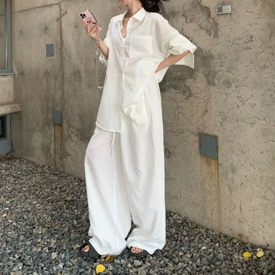 Elegant Solid Color Polo Collar Shirt Top and Relaxed Fit Set for Women, Summer Fashion Casual Wide-Leg Pants Two-Piece Set