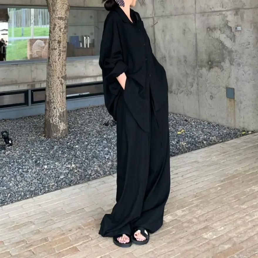 Elegant Solid Color Polo Collar Shirt Top and Relaxed Fit Set for Women, Summer Fashion Casual Wide-Leg Pants Two-Piece Set