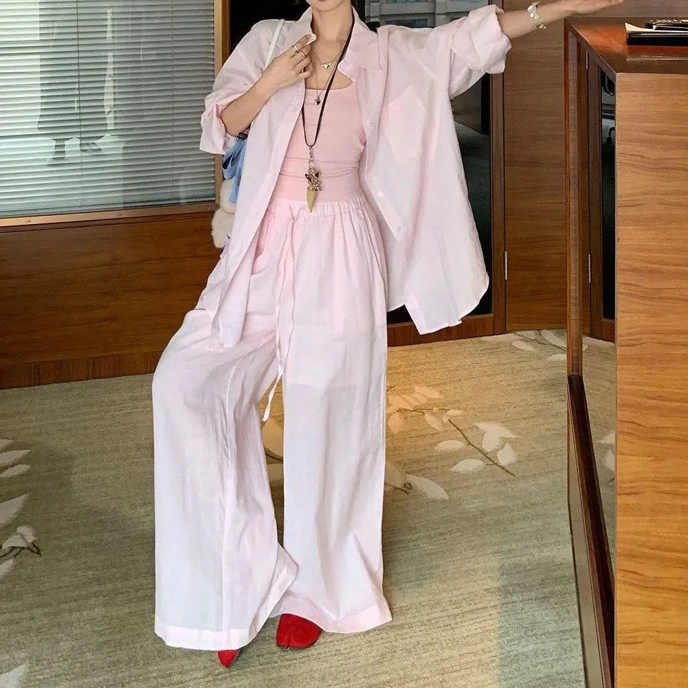 Elegant Solid Color Polo Collar Shirt Top and Relaxed Fit Set for Women, Summer Fashion Casual Wide-Leg Pants Two-Piece Set