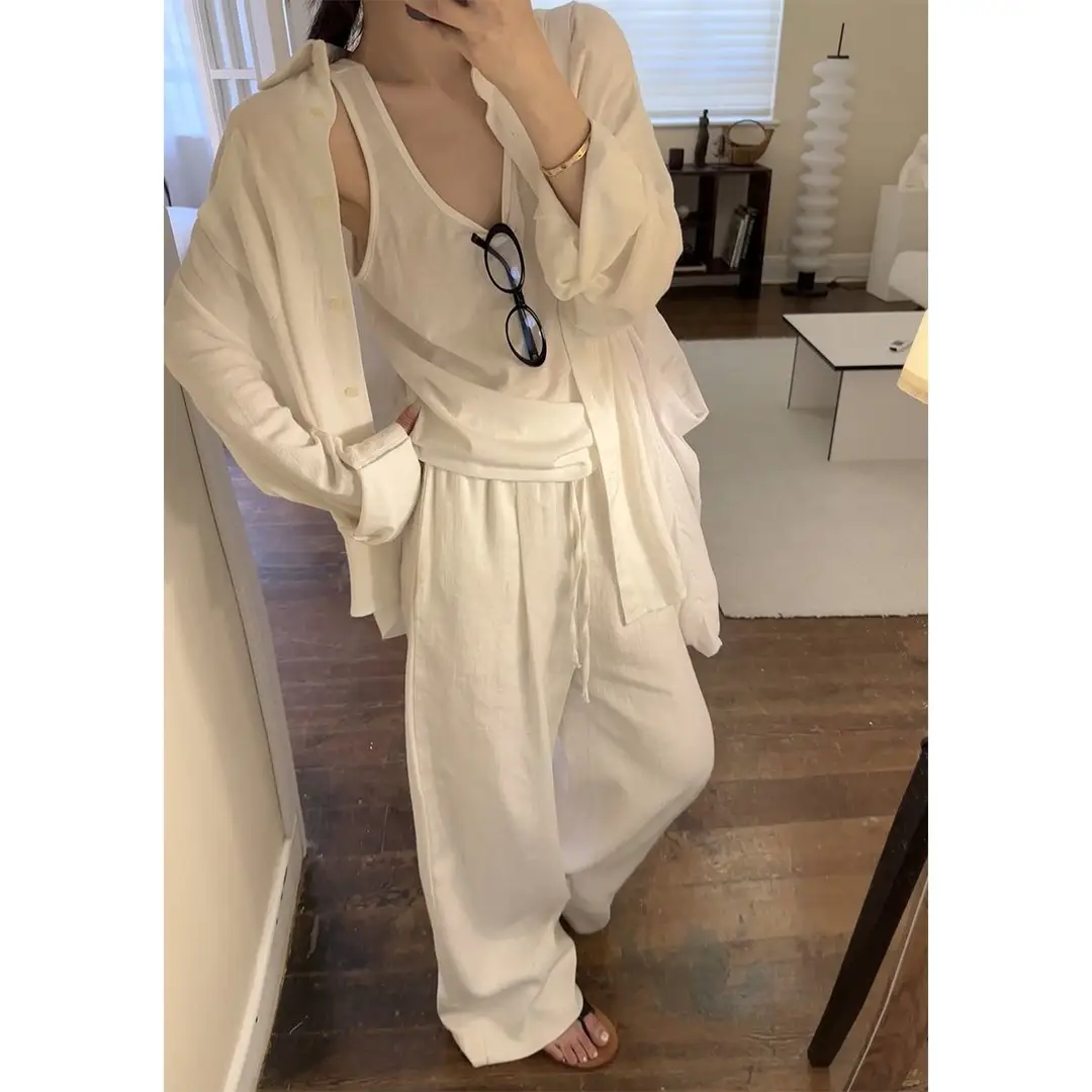 Elegant Solid Color Polo Collar Shirt Top and Relaxed Fit Set for Women, Summer Fashion Casual Wide-Leg Pants Two-Piece Set