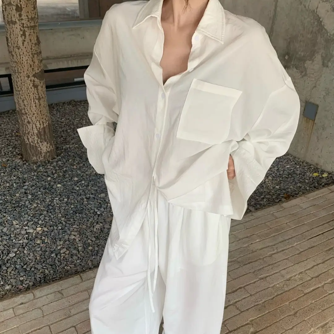 Elegant Solid Color Polo Collar Shirt Top and Relaxed Fit Set for Women, Summer Fashion Casual Wide-Leg Pants Two-Piece Set
