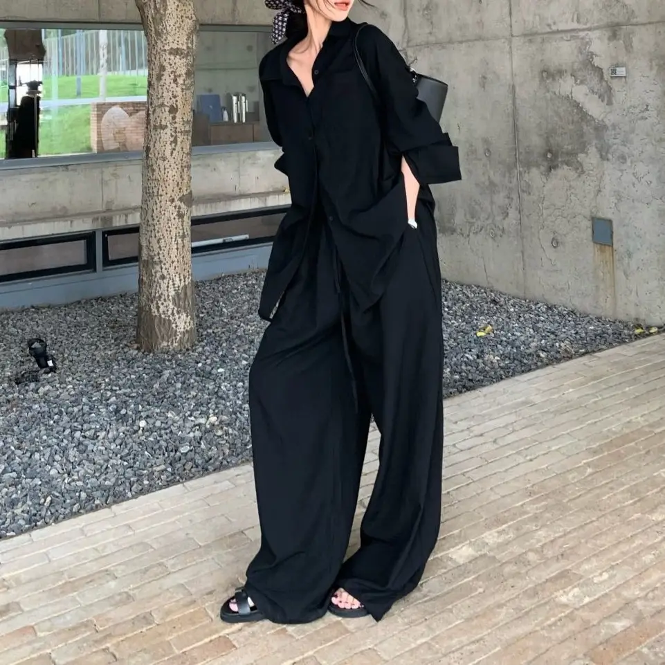 Elegant Solid Color Polo Collar Shirt Top and Relaxed Fit Set for Women, Summer Fashion Casual Wide-Leg Pants Two-Piece Set