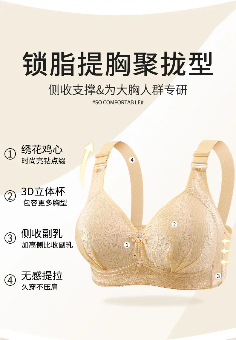 New plus size Gather No Steel Ring Comfortable Breathable Bra Lace Cloth Four Buckle Thin Mold Cup Side Collusion Mom Underwear — feature 5