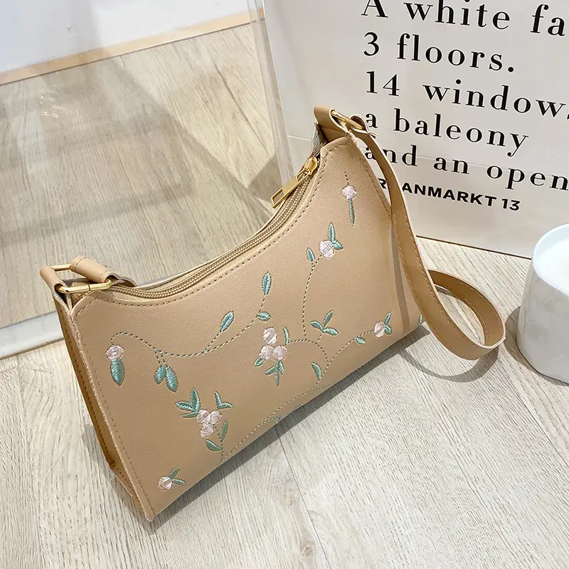 Elegant Embroidered Women's Underarm Bag Beige - Image 5