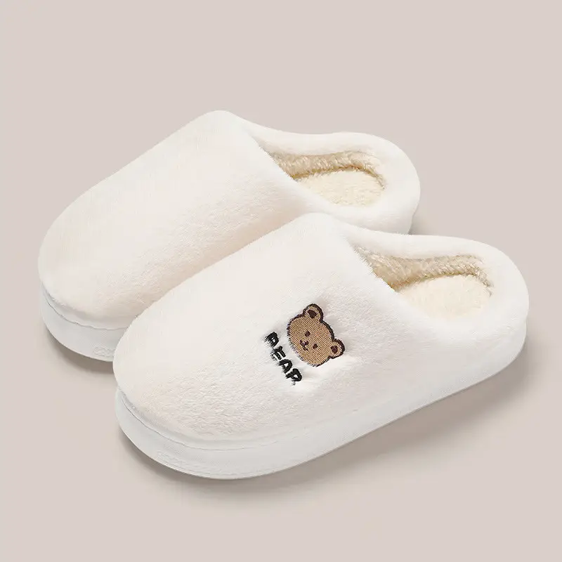 Cute Bear Cotton Slippers for Winter Household Indoor Unisex Non-Slip fleece-lined Thick-Bottom Warm Moon Wool Plush Slippers