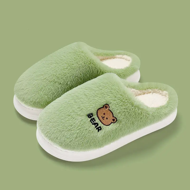 Cute Bear Cotton Slippers for Winter Household Indoor Unisex Non-Slip fleece-lined Thick-Bottom Warm Moon Wool Plush Slippers