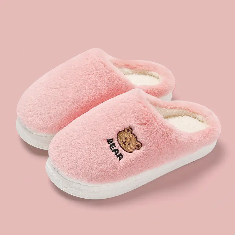 Cute Bear Cotton Slippers for Winter Household Indoor Unisex Non-Slip fleece-lined Thick-Bottom Warm Moon Wool Plush Slippers