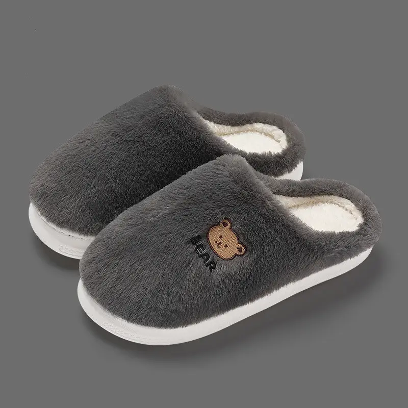 Cute Bear Cotton Slippers for Winter Household Indoor Unisex Non-Slip fleece-lined Thick-Bottom Warm Moon Wool Plush Slippers