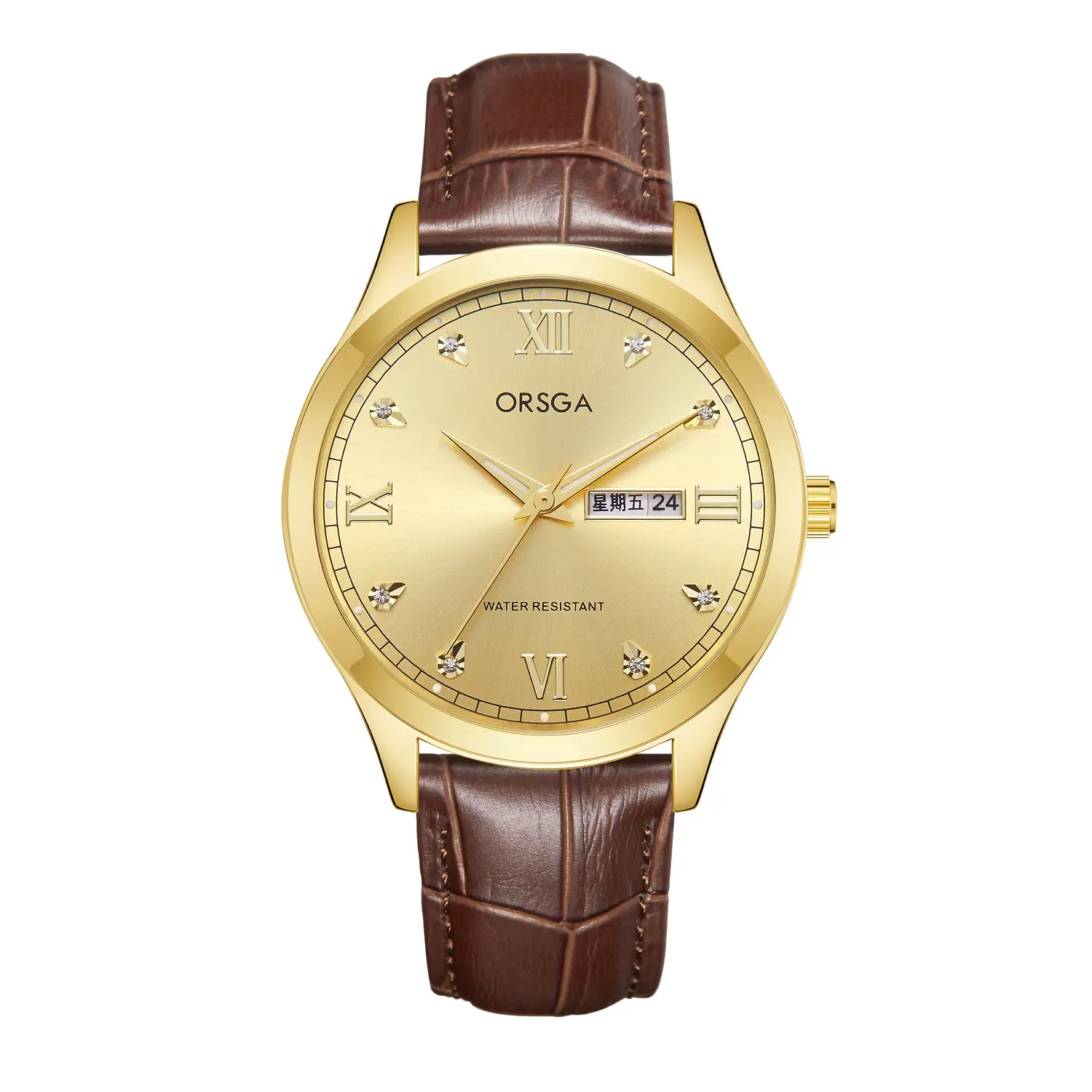 Brown leather belt gold shell gold face