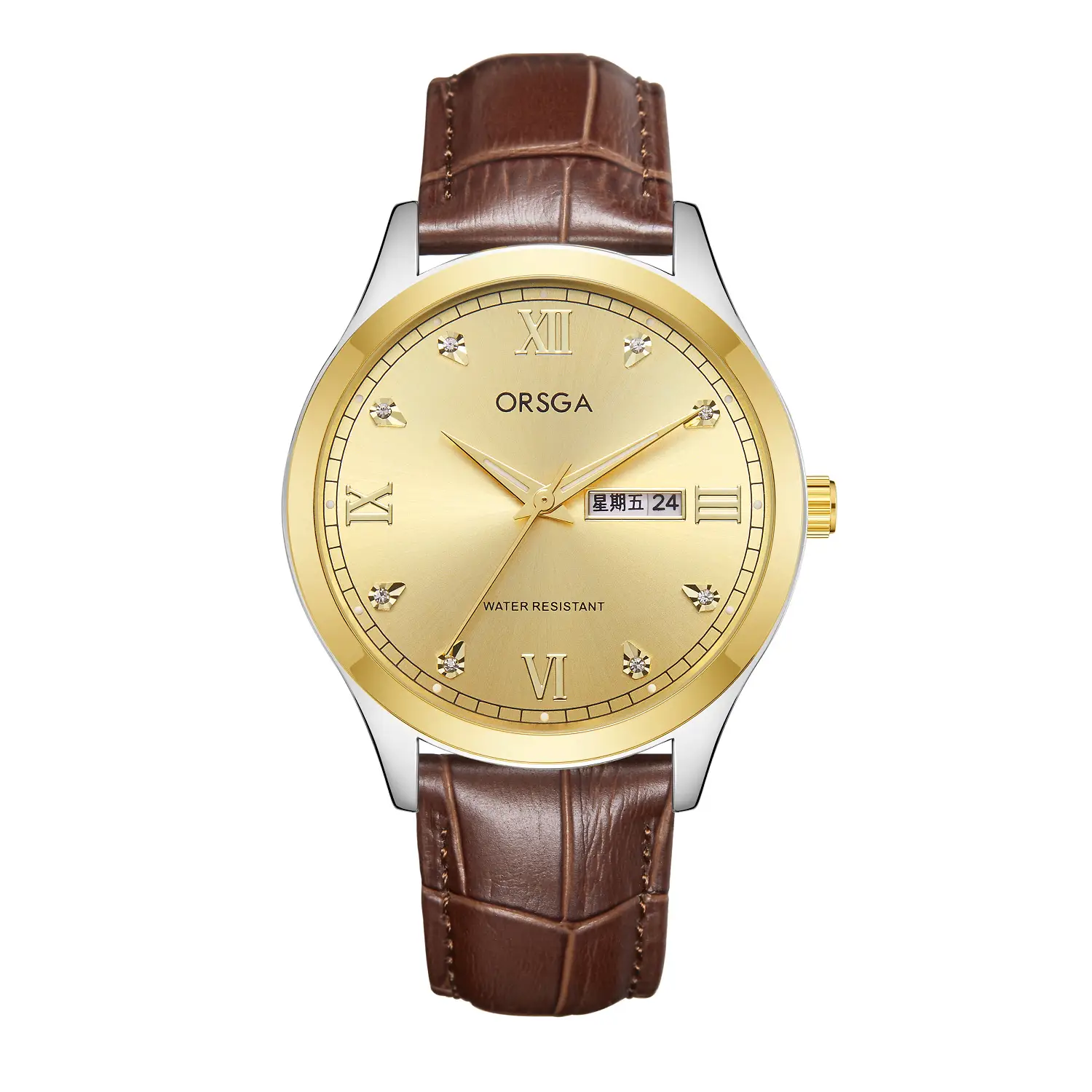 Brown leather belt silver shell gold ring gold face