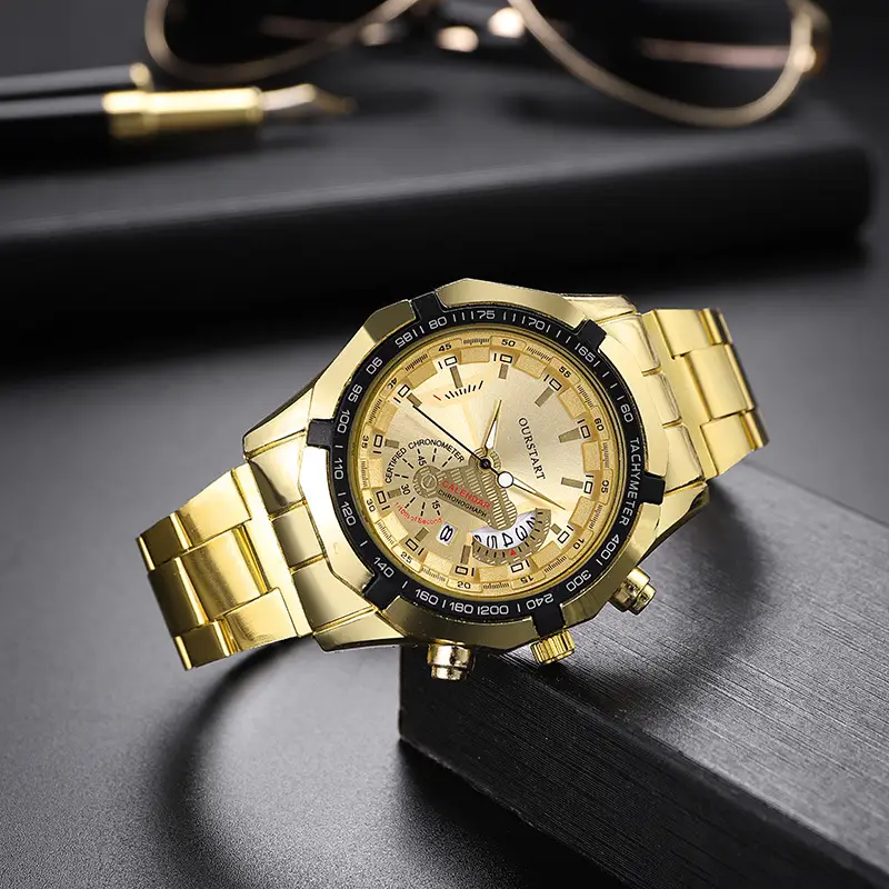 Korean Style Men's Chronograph Watch Gold Black Dial - Image 7