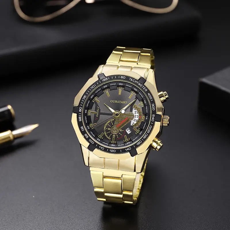 Korean Style Men's Chronograph Watch Gold Black Dial — feature 10