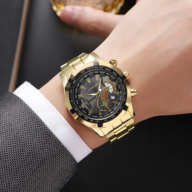 Korean Style Men's Chronograph Watch Gold Black Dial — feature 14