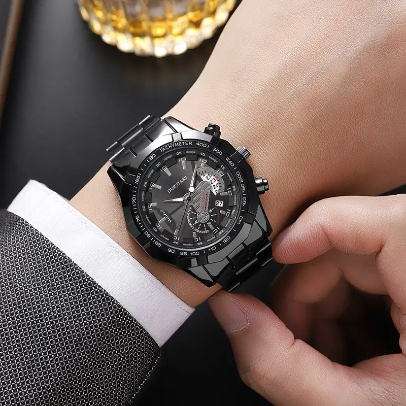 Korean Style Men's Chronograph Watch Gold Black Dial — feature 15