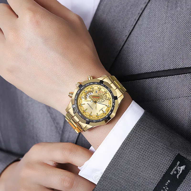 Korean Style Men's Chronograph Watch Gold Black Dial — feature 16