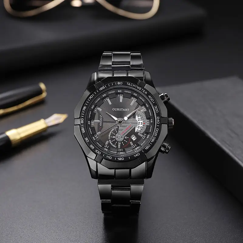 Korean Style Men's Chronograph Watch Gold Black Dial — feature 7