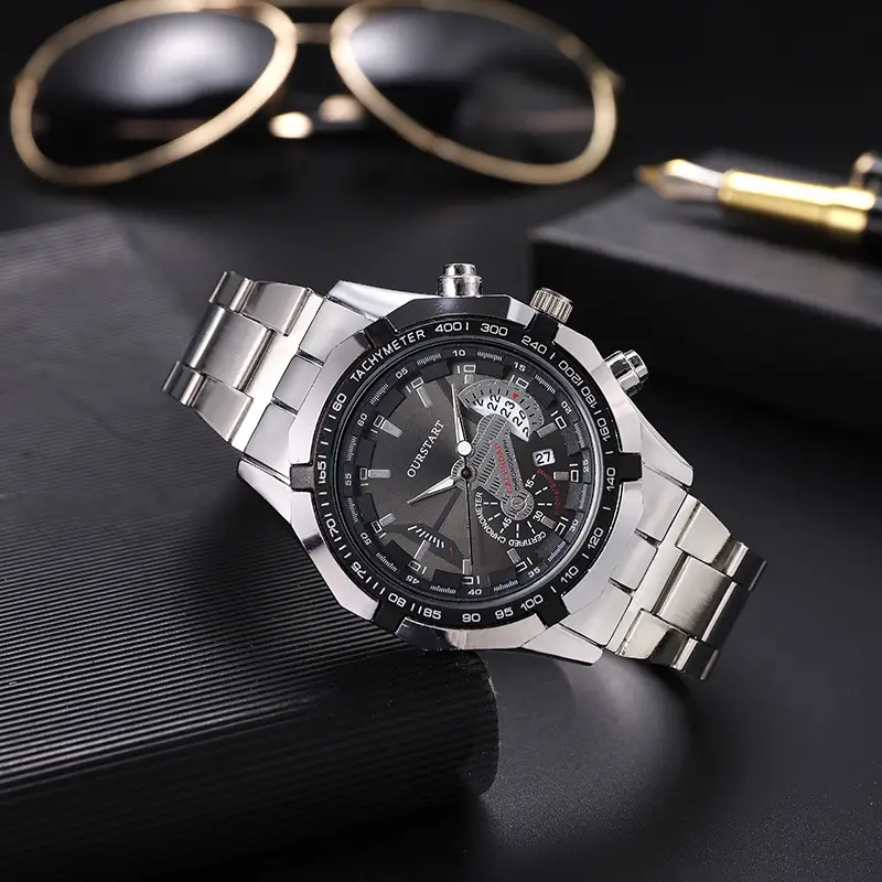 Korean Style Men's Chronograph Watch Gold Black Dial — feature 9