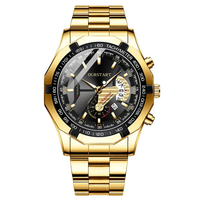 Korean Style Men's Chronograph Watch Gold Black Dial — feature 19