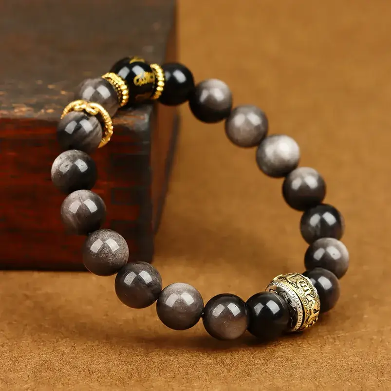 Black Gold Silver Obsidian Red Agate Bracelet for Men Women - Image 11